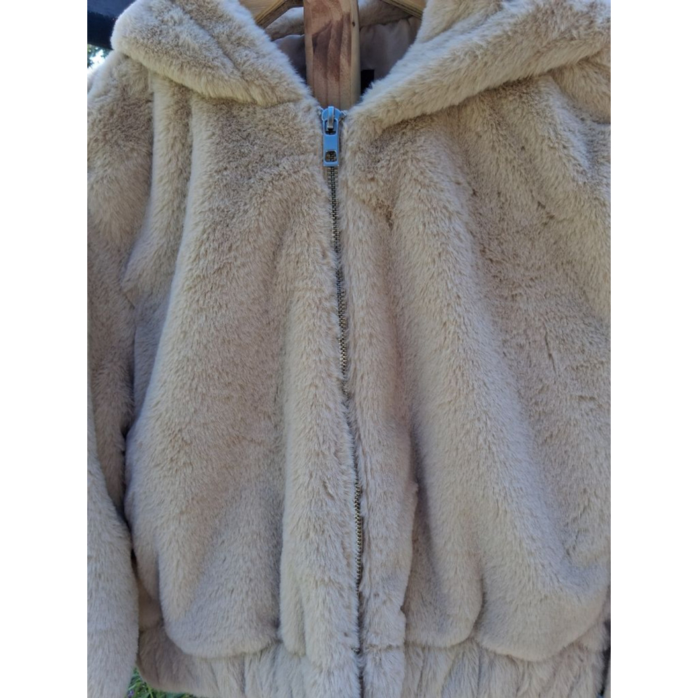 Love Tree Beige Faux Fur Hooded Teddy Jacket Size S Boho Cozy Trendy - Picture 3 of 13